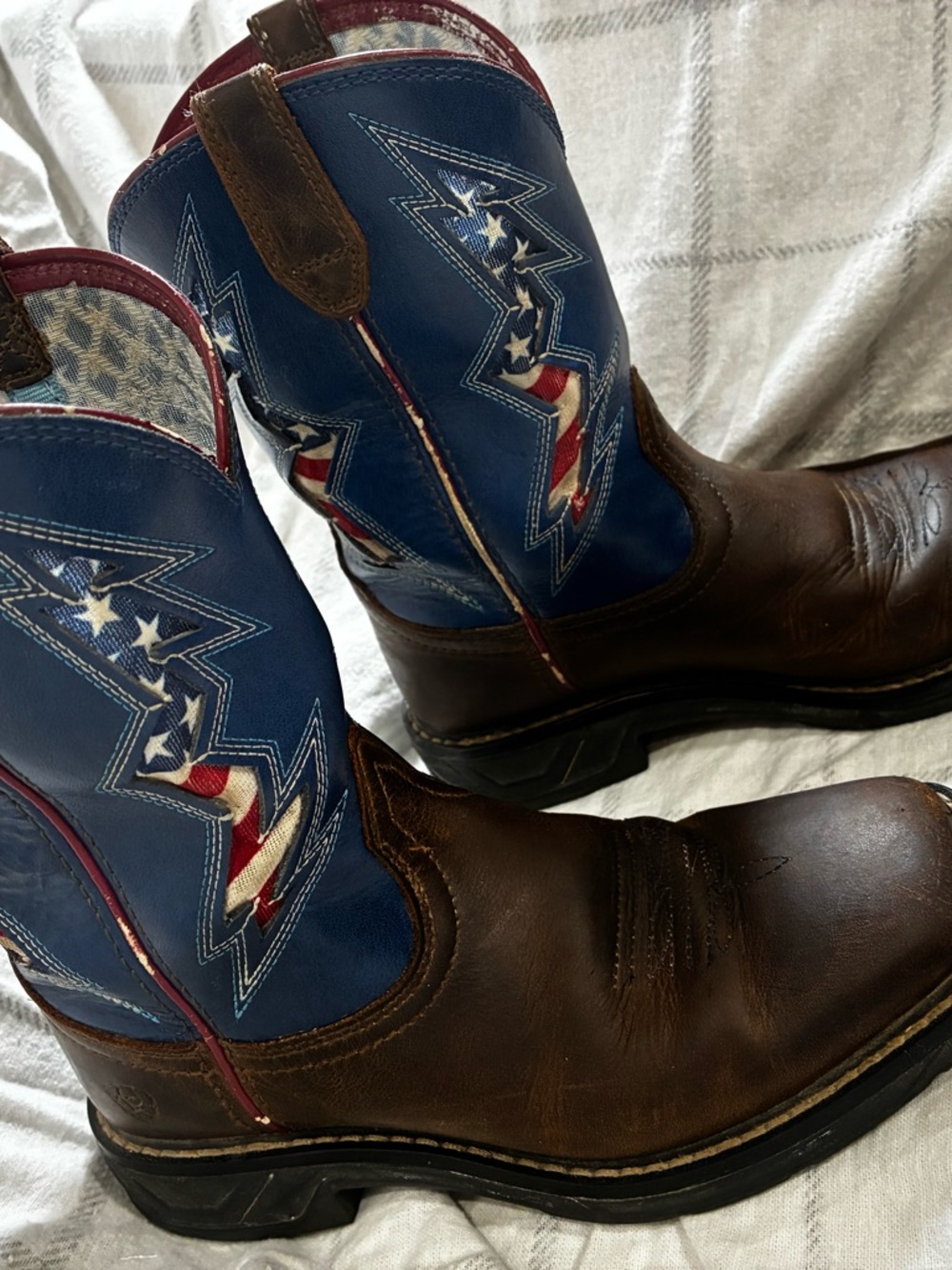 Ariat Brown Leather Kids Western Boots with red, white and blue detail